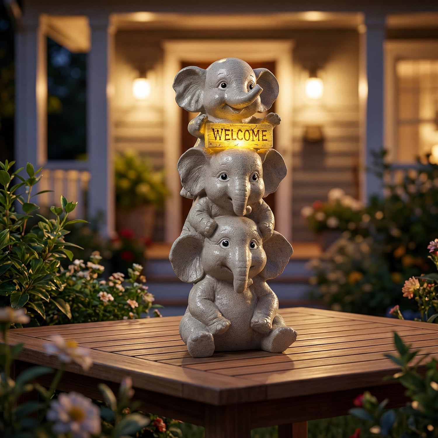 Lyeasw Solar Elephant Garden Statue with Lighted Welcome Sign, Outdoor Decor for Patio Porch Yard, Cute Elephant Family Figurine for Garden, Gift for Mom Grandma Garden Lovers