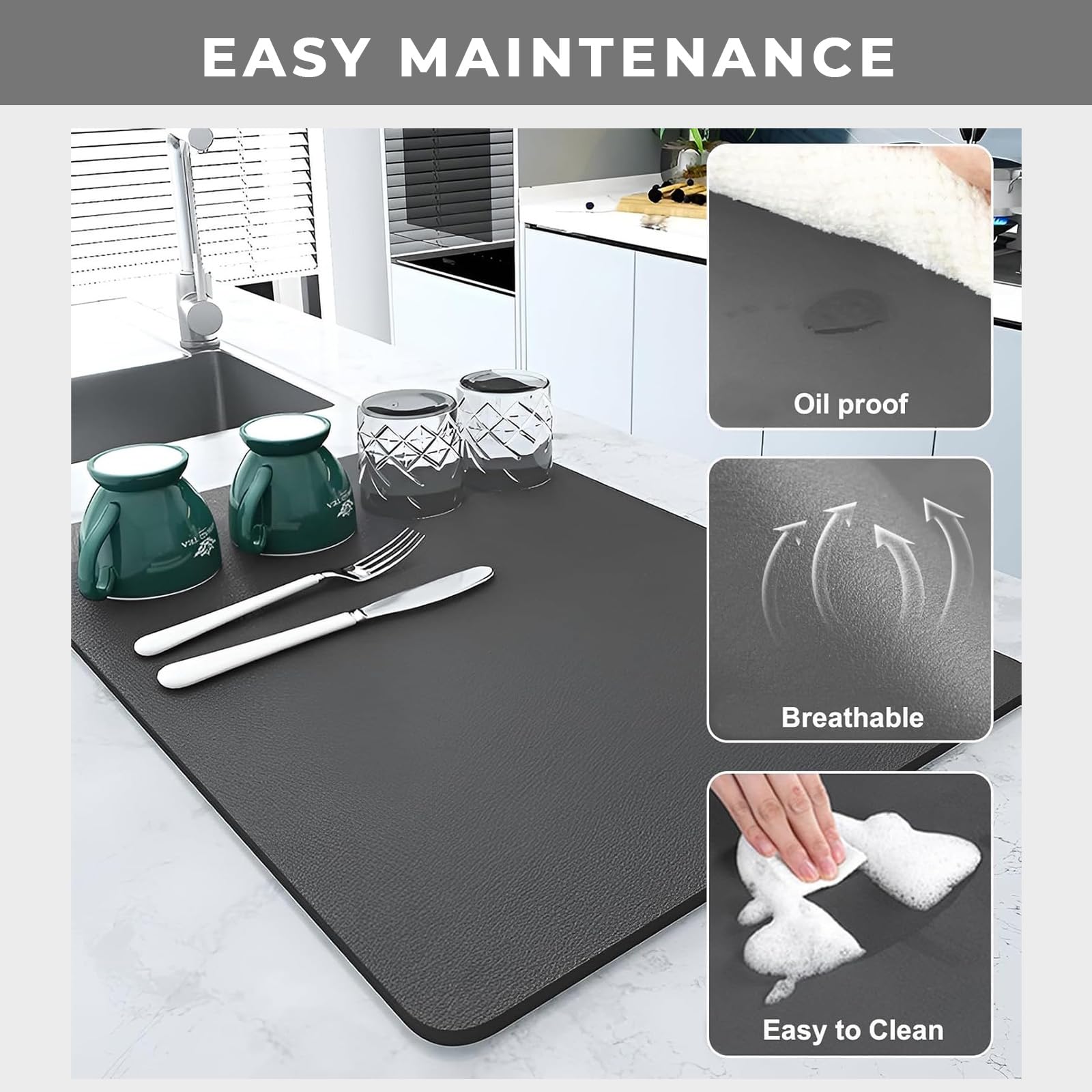 PANCA Dish Drying Kitchen Mat | Large Water Absorbent Utensil Drying Rack Mat | Anti-Slip Kitchen Accessories for Home | Organiser Mat for Sink, Dining Table & Vessel Draining (40x 60 cm) 1