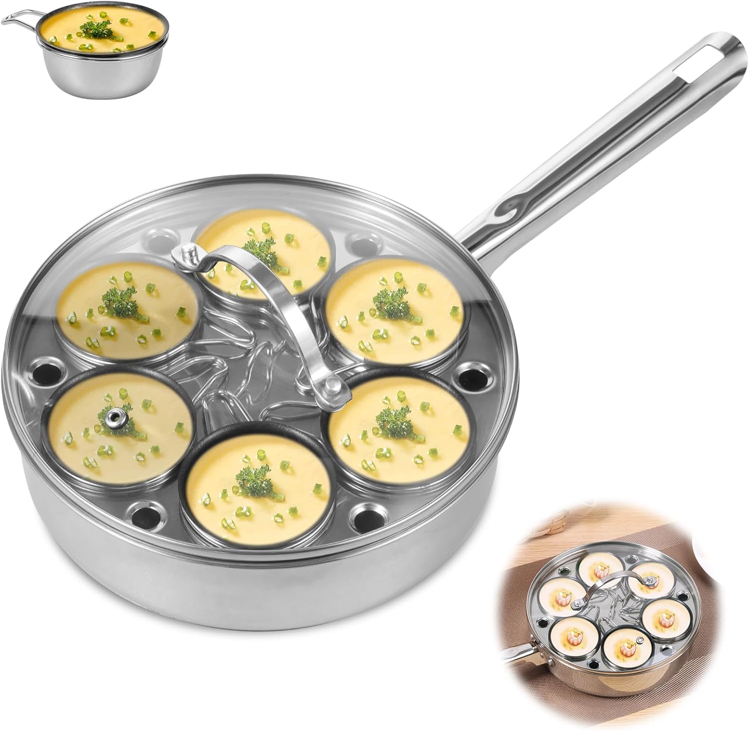 Egg Poacher with 6 Cup Nonstick Stainless Steel 2 in 1 Egg Poacher Pan and Stew Pot with Lid Induction and Gas Stove Cookware Set