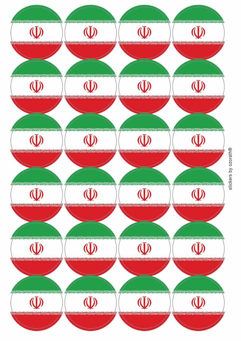 Iran National Flag Circular Matt Paper Stickers A4 Sheet of 24 (Each Sticker is 45mm Diameter)