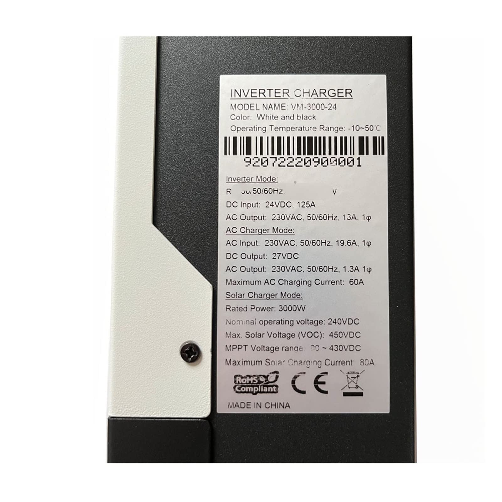 Inversor híbrido Solar de 3KW AC230V DC24V 80A 450VDC PV Entrada máxima 3000W Inversor de Onda sinusoidal Pura