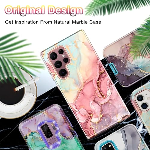 Miniatura 7 de Btscase Funda para Samsung Galaxy S22 Ultra 5G, patrón de mármol 3 en 1, resistente a prueba de golpes, cuerpo completo, policarbonato duro y suave