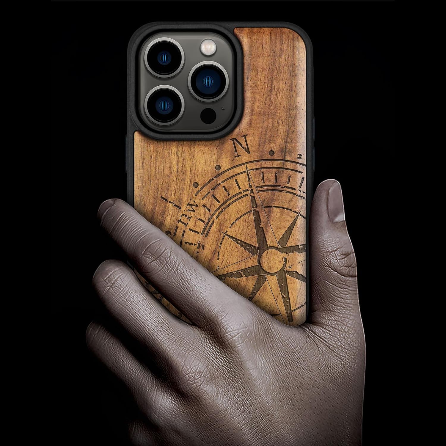 Carveit Magnetic Wooden Case for iPhone 15 Pro Case, Compatible with MagSafe Wireless Chargers, Black Soft TPU Shockproof Cover & Wood Artisan Engraved (Incomplete Compass) - Walnut