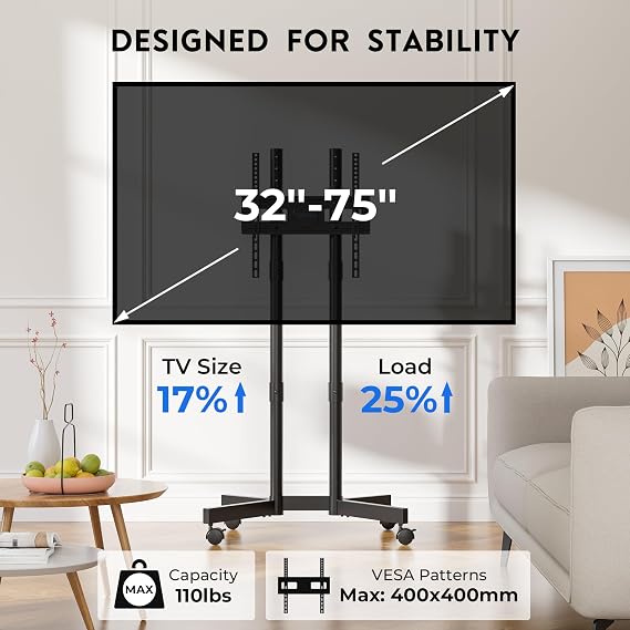 BONTEC Rolling TV Stand for 32-75 Inch TVs, Heavy Duty TV Stand, Black | Height Adjustable Mobile TV Cart on Wheels, Supports Up to 110lbs, Stable Dual-Column Design, Cable Management,Indoor,Outdoor