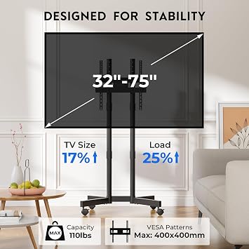 BONTEC Rolling TV Stand for 32-75 Inch TVs, Heavy Duty TV Stand, Black | Height Adjustable Mobile TV Cart on Wheels, Supports Up to 110lbs, Stable Dual-Column Design, Cable Management,Indoor,Outdoor