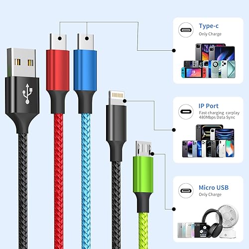 Miniatura 4 de Travel Essentials - Cable de carga múltiple 2 unidades de 5 pies, accesorios de automóvil, cables de carga 4 en 1, cable USB, cargador de teléfono