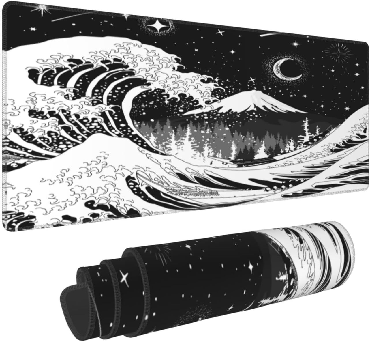 Black and White Japanese Ocean Wave Moon Star Gaming Mouse Pad XL, Non Slip Rubber Base Mousepad, Stitched Edges Desk Pad, Extended Large Mice Pad,31.5 X 11.8 Inch