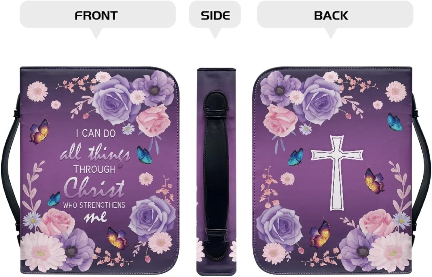 Poceacles Violet Rose Butterfly Daisy Flower Bible Cover for Men Women, PU Leather Bible Case with Handle Pen Storage and Zipper Pocket, Waterproof Book Organizer Totes, East to Clean, XL