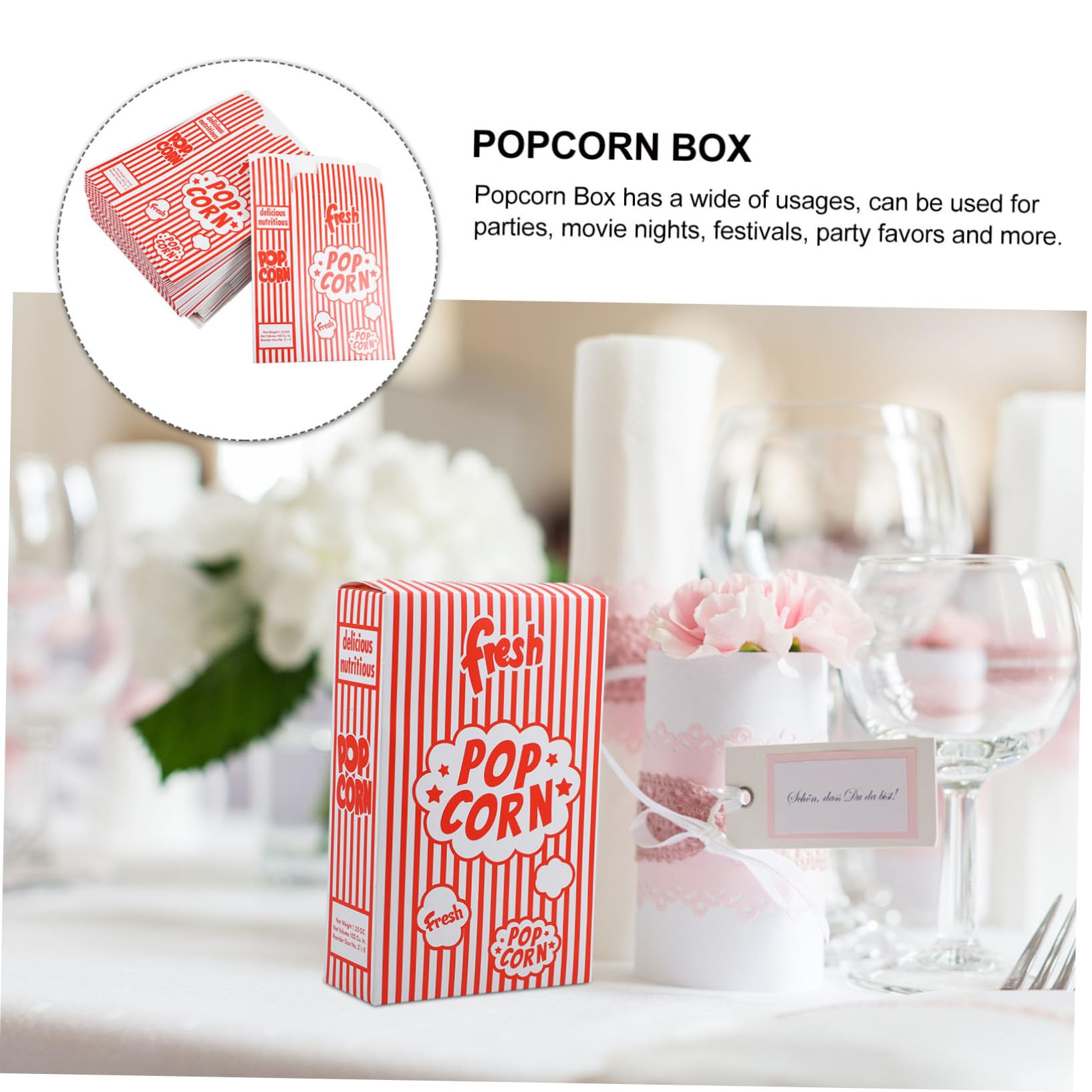 DECORNIJIA 50 piezas Cajas de Papel Anti-grasa para Snacks Unidades Resistentes y Reutilizables para Aperitivos y Fiestas Aptas para Eventos y Cine