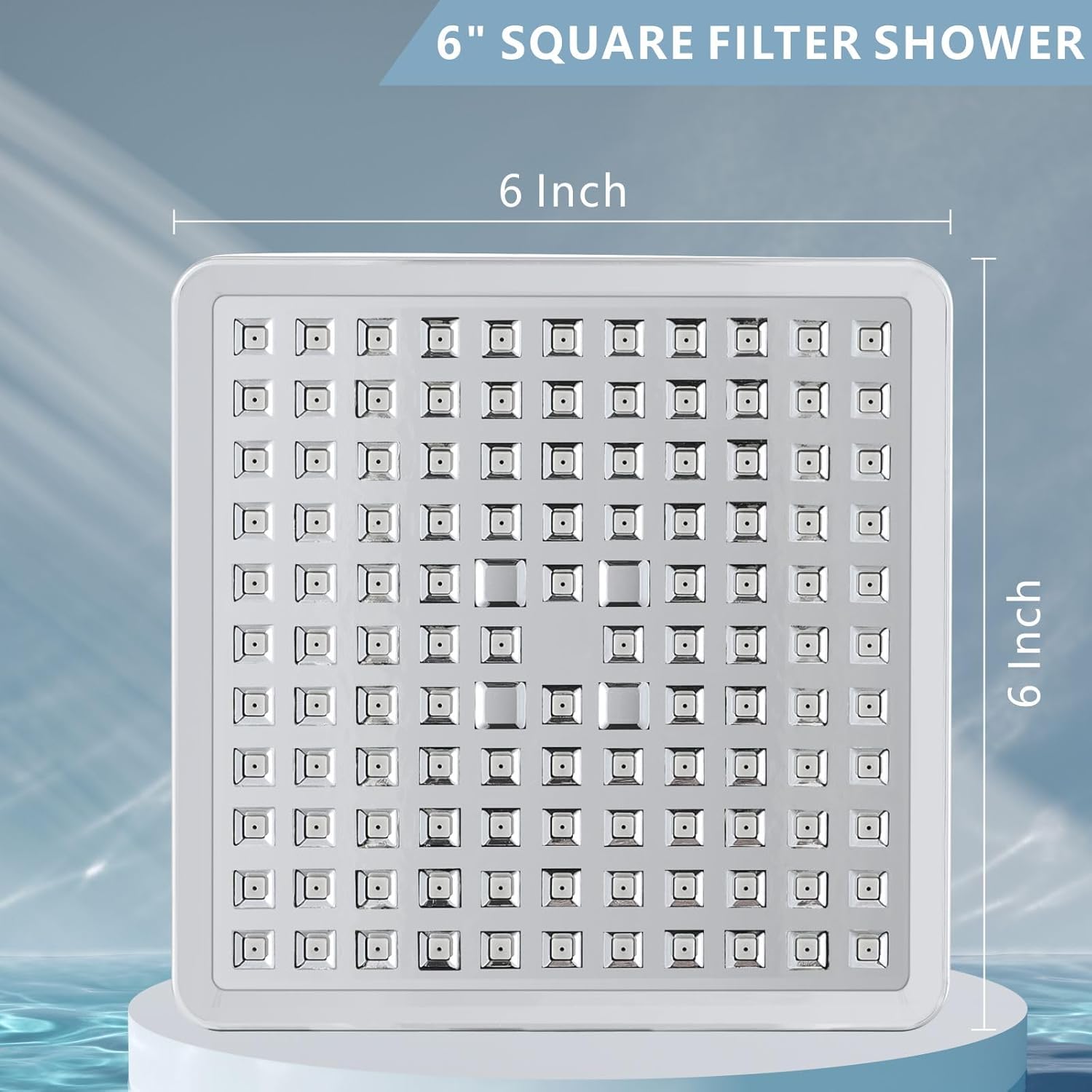 6" Square High Pressure Filter Rain Shower Head with 3 Pack Filtered Cartridges, Chrome