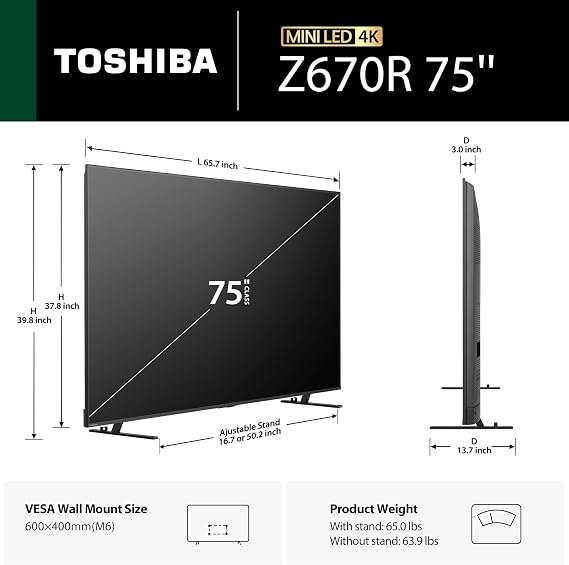 Toshiba 75 Z670 Series Mini-LED 4K UHD Smart Fire TV (75Z670R, 2026 New) - QLED, Native 144Hz, HDR10+, Dolby Vision IQ, REGZA Engine Zri, Dolby Atmos, Game Mode Pro, Alexa Built-in, Japan Quality