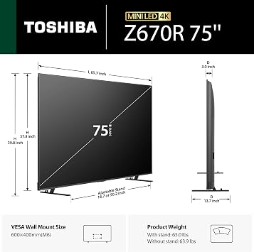 Toshiba 75 Z670 Series Mini-LED 4K UHD Smart Fire TV (75Z670R, 2026 New) - QLED, Native 144Hz, HDR10+, Dolby Vision IQ, REGZA Engine Zri, Dolby Atmos, Game Mode Pro, Alexa Built-in, Japan Quality