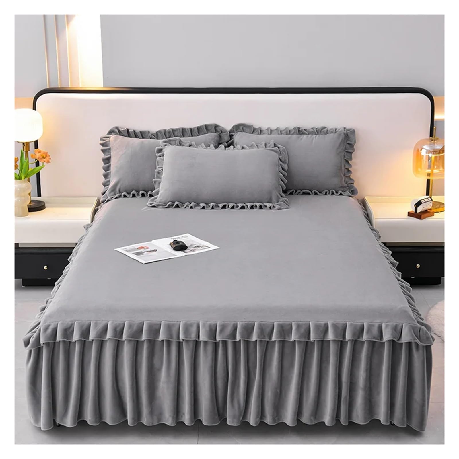 Bed Skirt Velvet Bedspread Ruffles Bed Cover Skin-friendly Mattress Protector Lace Bedsheet (No Pillowcase)(Yinhui,SKing 200x220cm 1pc)