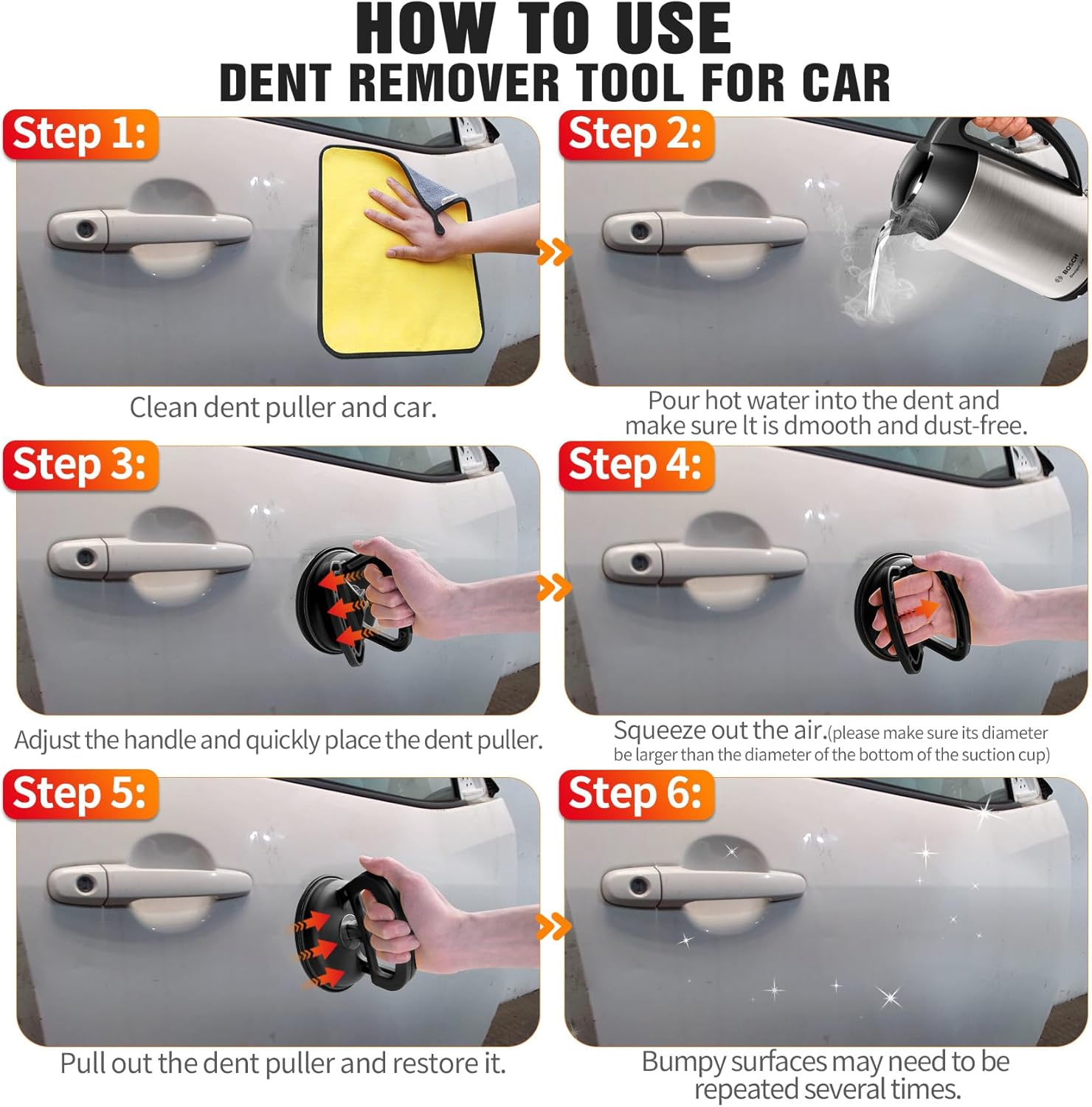 Dent Puller 3-Pack - Car Dent Puller, Dent Puller Kit with Heavy Duty Suction Cup & T-Handle Lifter. Dent Remover Tool for Car, Glass Lifting, Screen Moving (Black+Orange)