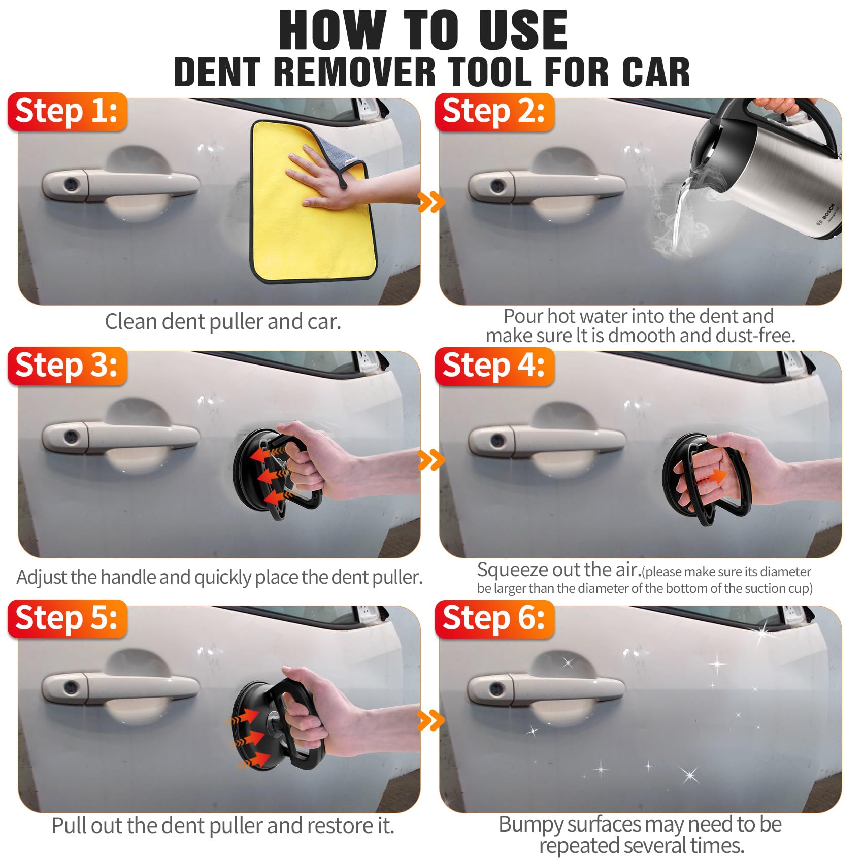 Dent Puller 3-Pack - Car Dent Puller, Dent Puller Kit with Heavy Duty Suction Cup & T-Handle Lifter. Dent Remover Tool for Car, Glass Lifting, Screen Moving (Black+Orange) — view 3