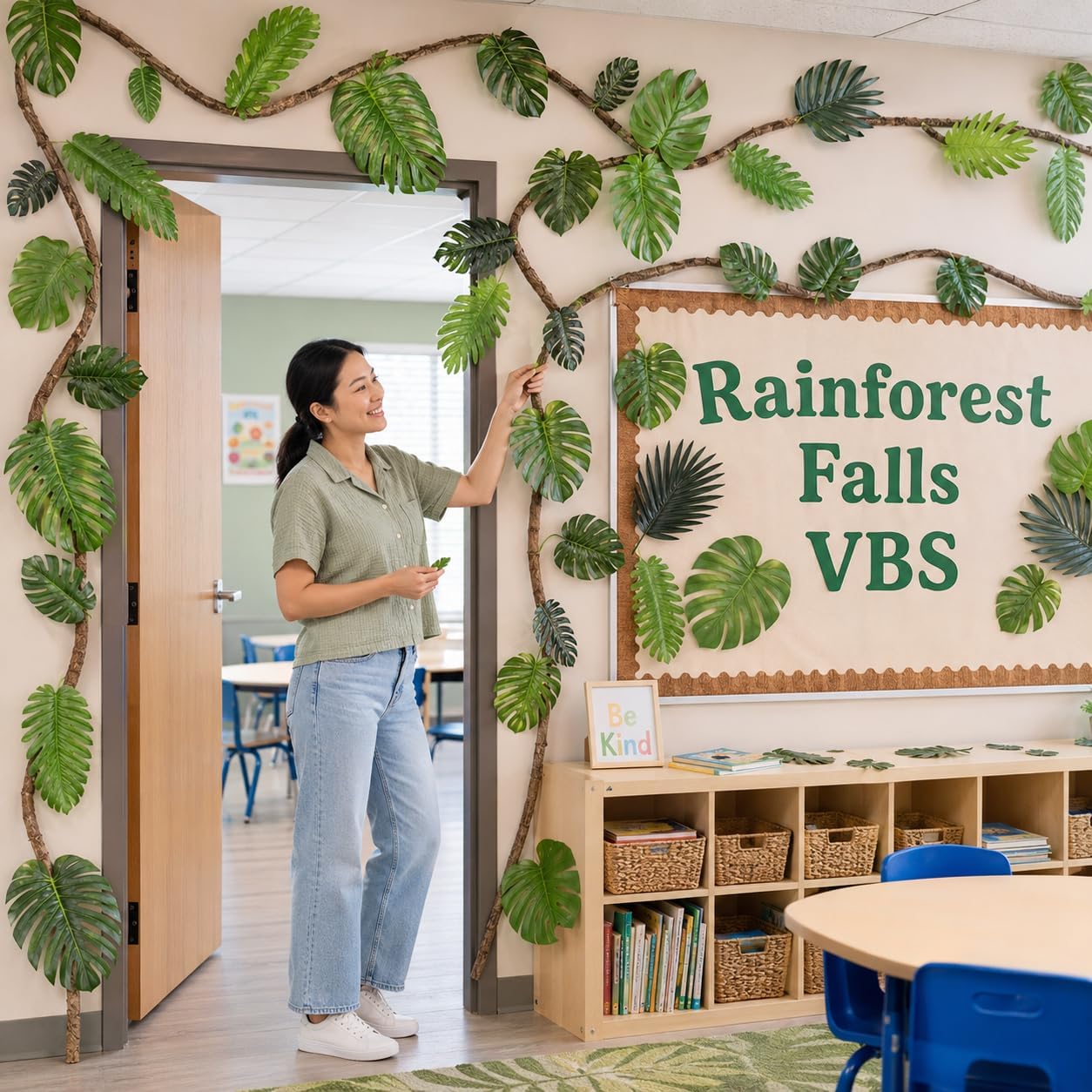 104 Pcs Jungle Party Decorations Set, 39.3 FT Rainforest Decor Kit | 4 Fake Tree Root Vines 100 Tropical Leaves for VBS Classroom, Safari Birthday and Indoor Outdoor Backdrop