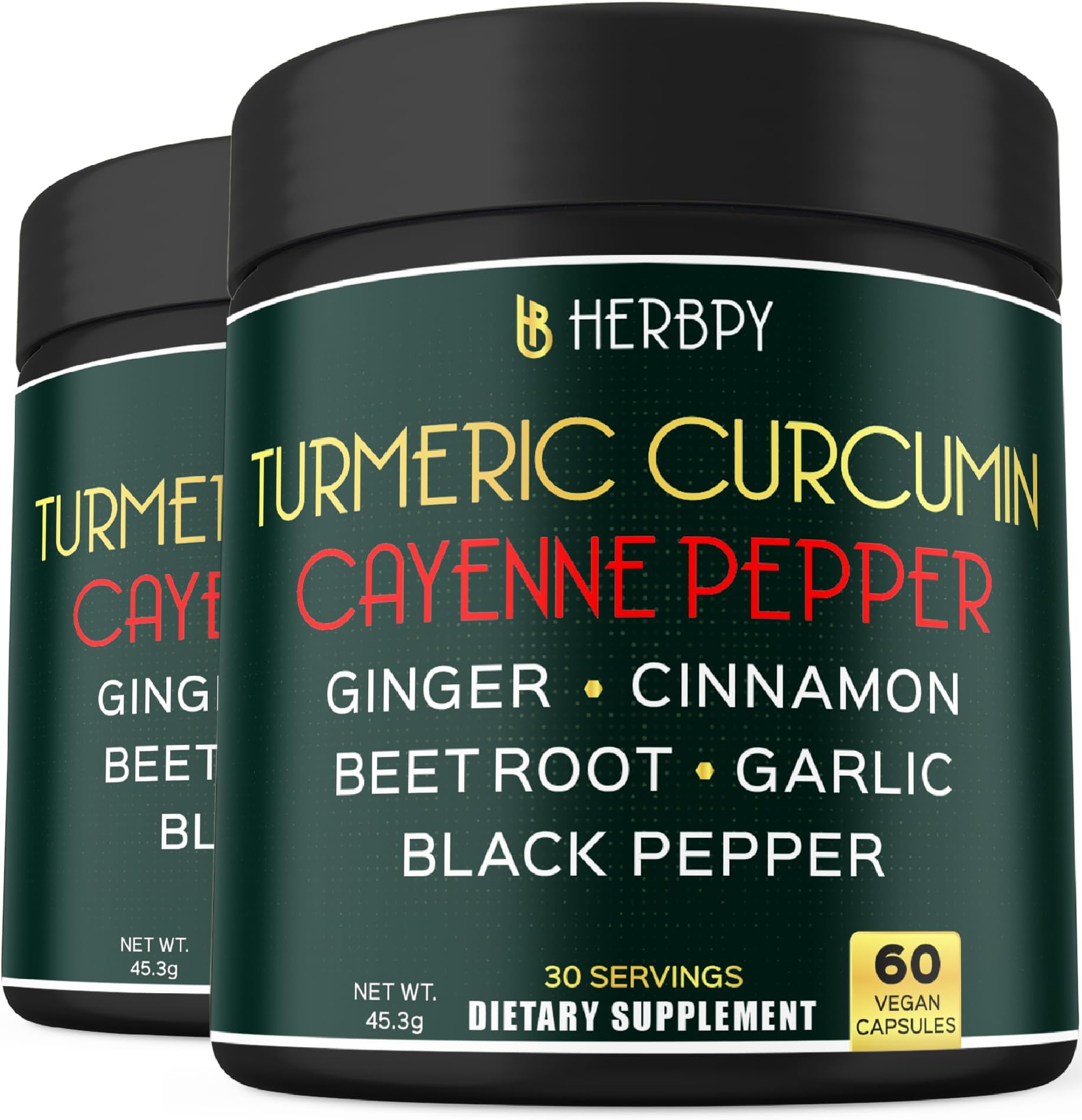 Herbpy 7in1 Turmeric and Cayenne Pepper Supplement - Digestion, Immune, Brain & Heart Health Support with Ceylon, Ginger, Garlic, Beetroot - 2Pack60