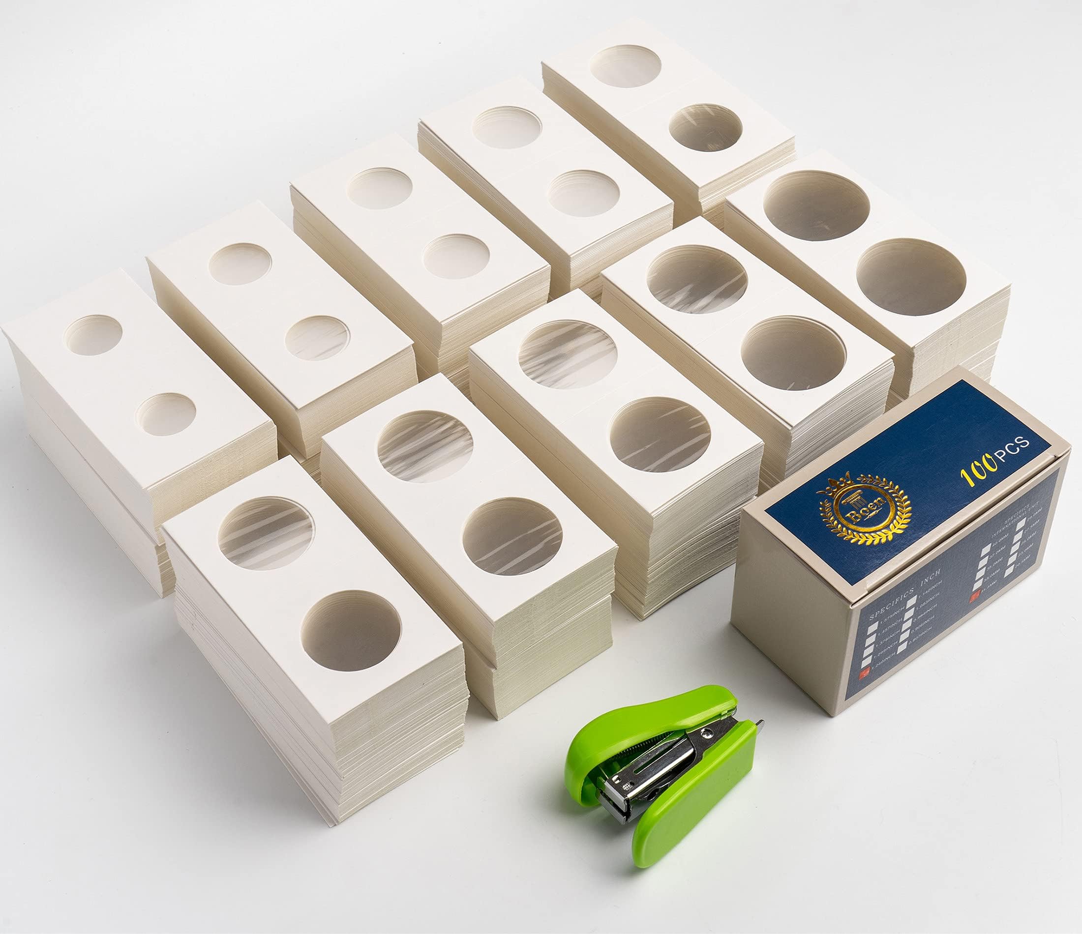 Boen Coin Flips 10 Assorted Sizes 1000Pcs Coin Holders for Colletors The Coin Collection Supplies Include A Mini Stapler The Coin Cardboard Coin Flips for Coin Collection.