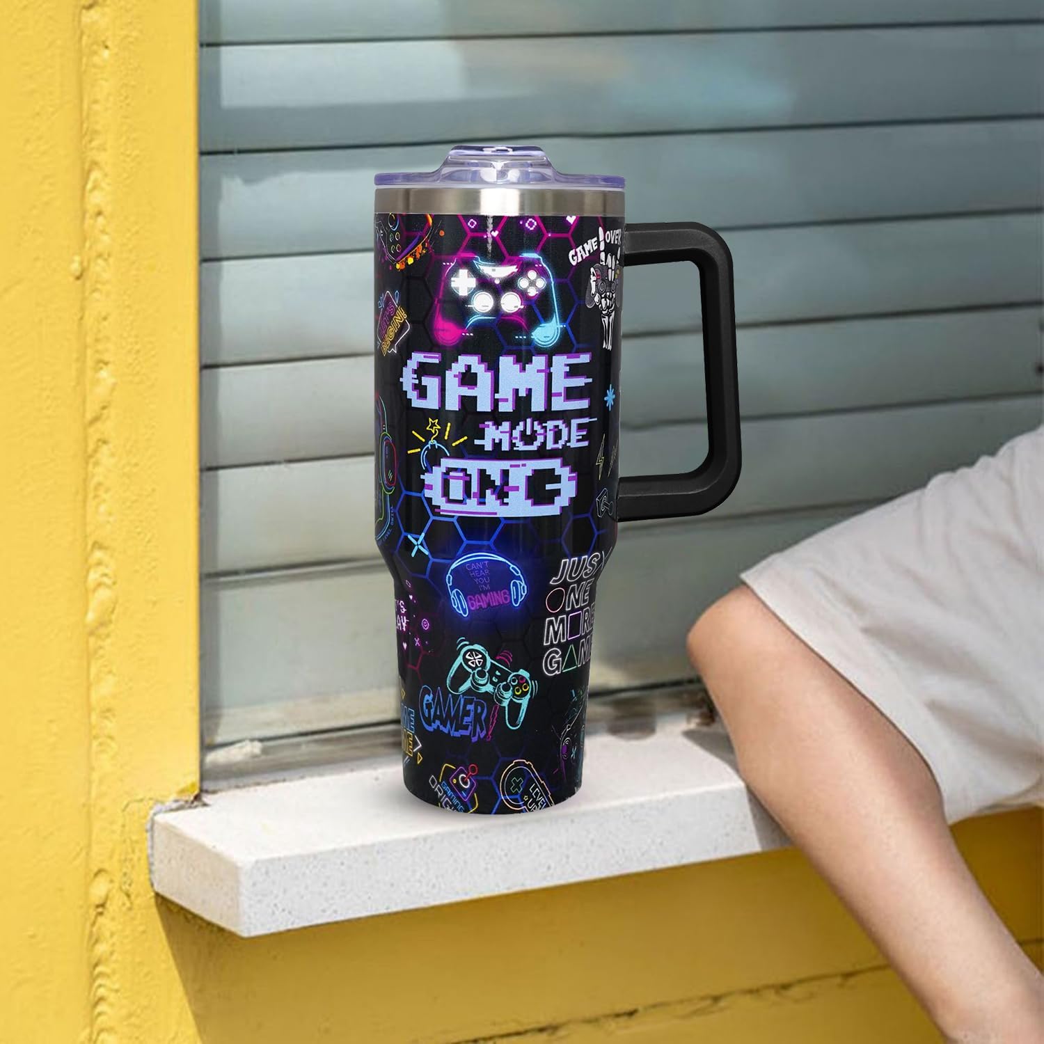 40oz Gamer Tumbler With Handle Lid and Straw,Cool Gamer Gift For Boys/Girls,Video Game Gifts,Gaming Gifts For Men/Women Stainless Steel Insulated Bottle Travel Mug Coffee Cup