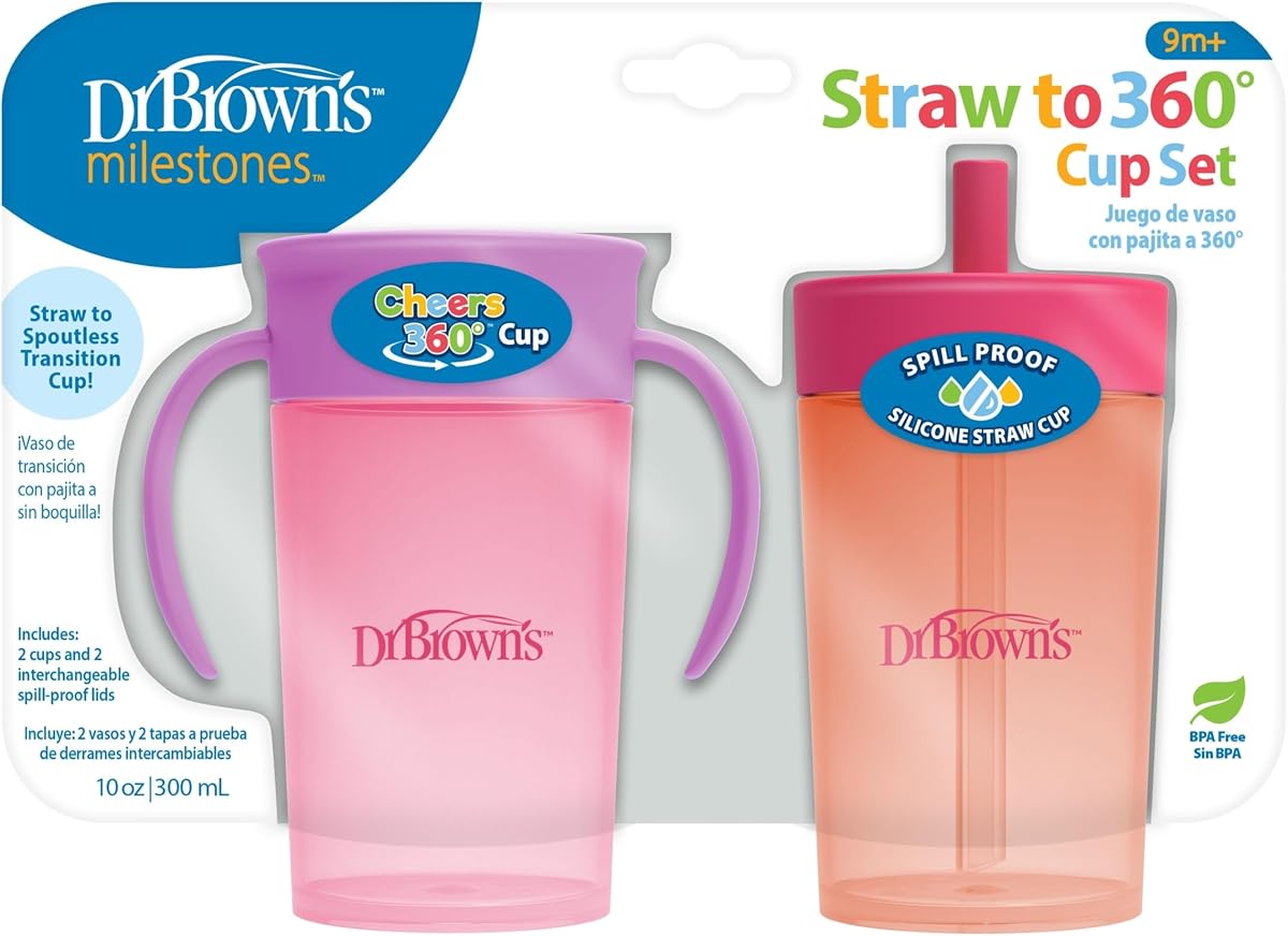 Milestones Straw to 360 Convertible Toddler Training Cup Set with Interchangeable Silicone Straw and 360 Degree Cup Lids, Pink Coral, 10 oz/300 mL, BPA-Free, 9m+, 2-Pack