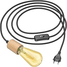 ledscom.de Cable textil KIVO, negro, 3m, casquillo E27 de madera auténtica, enchufe, interruptor, incl. lámpara LED, 489lm, blanco extra cálido