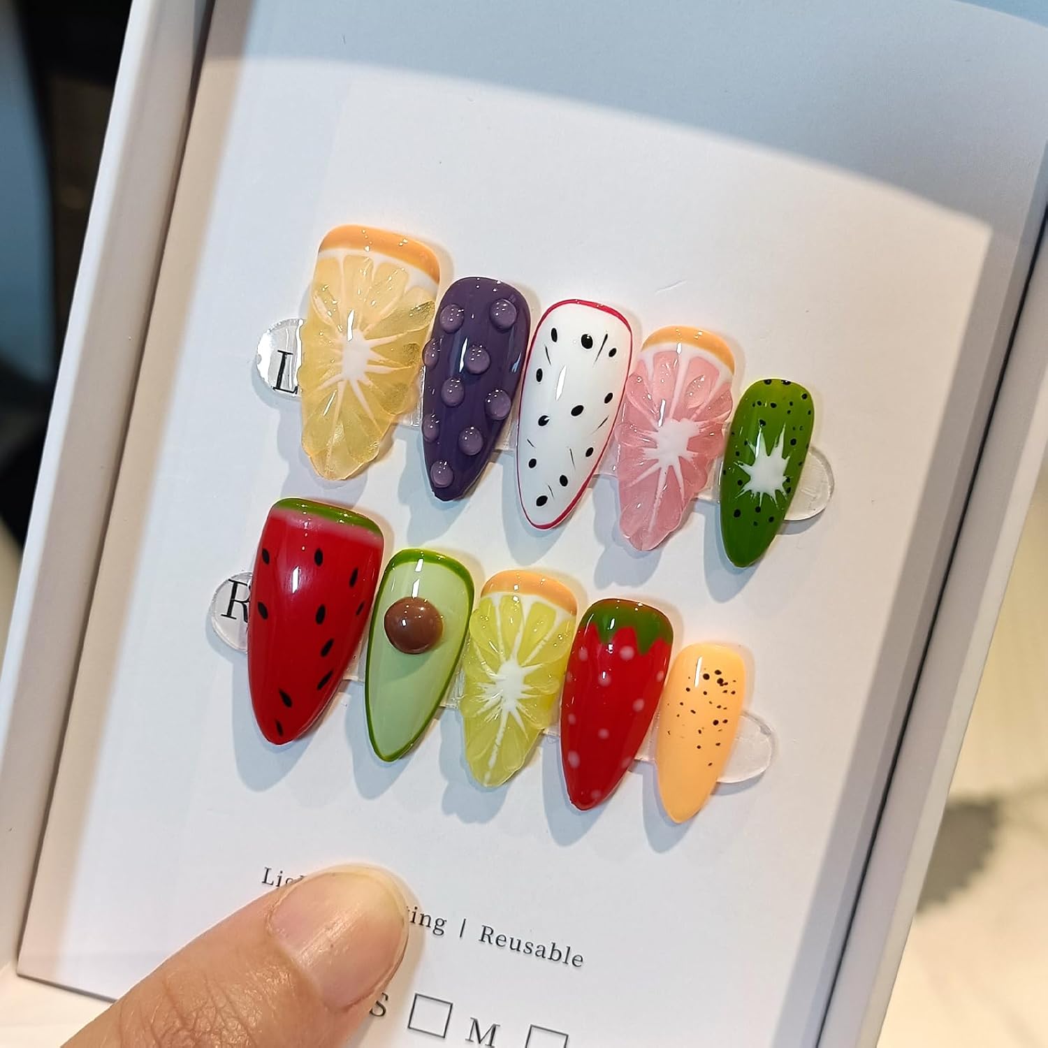 Summer Fruit Press on Nails - Vibrant Almond Shaped Fake Nails with Kiwi, Watermelon & Avocado Designs | Reusable Colorful Nail Art for Women | Tropical Fruit Manicure Set (Medium Length,S) image 3