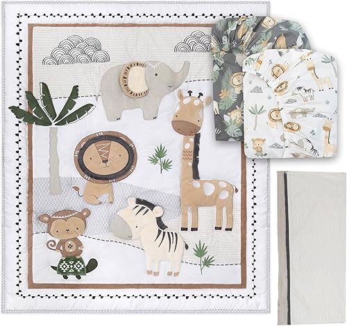 Miniatura 2 de The Peanutshell Juego de ropa de cama safari para cuna para niños o niñas, juego de edredón de cuna de algodón orgánico, 4 piezas, elefante, jirafa,