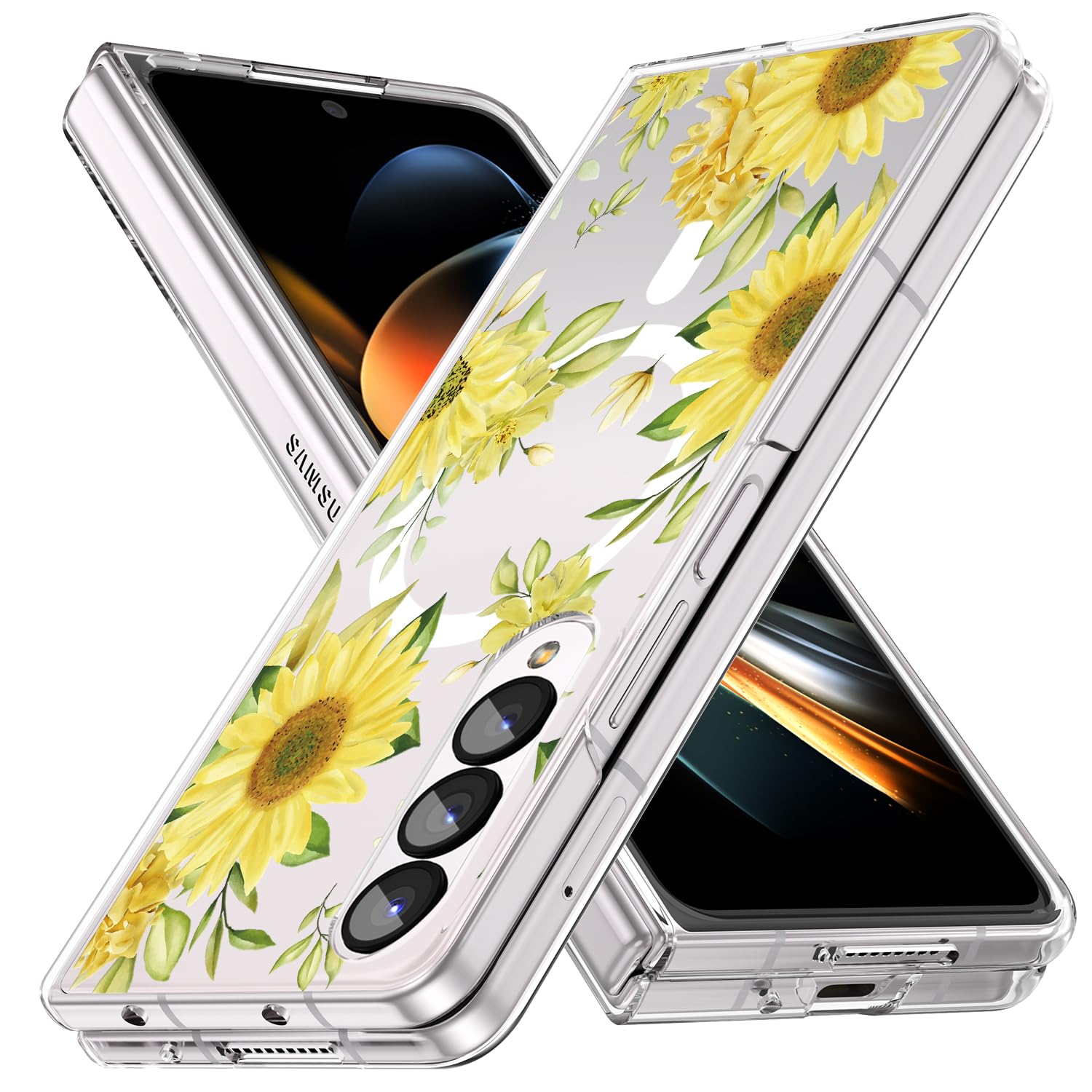 Magnetic Case for Galaxy Z Fold 4, Slim Anti-Yellow Hard PC Protective Soft TPU Bumper Shockproof Cute Case with Flowers, Sunflower(10-8)