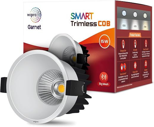 Wipro Garnet 15W Smart Trimless COB | CCT, White Tuneable &amp; Dimmable | Control with Mobile App via Bluetooth | Gateway Req...