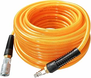 SANFU Polyurethane(PU) Reinforced 3/8”ID x 100ft, Air Hose, Non-kinking With 3/8” Reassembled Industrial High Flow Quick Coupler and Plug, Bend Restrictor, Transparent Orange(100’)