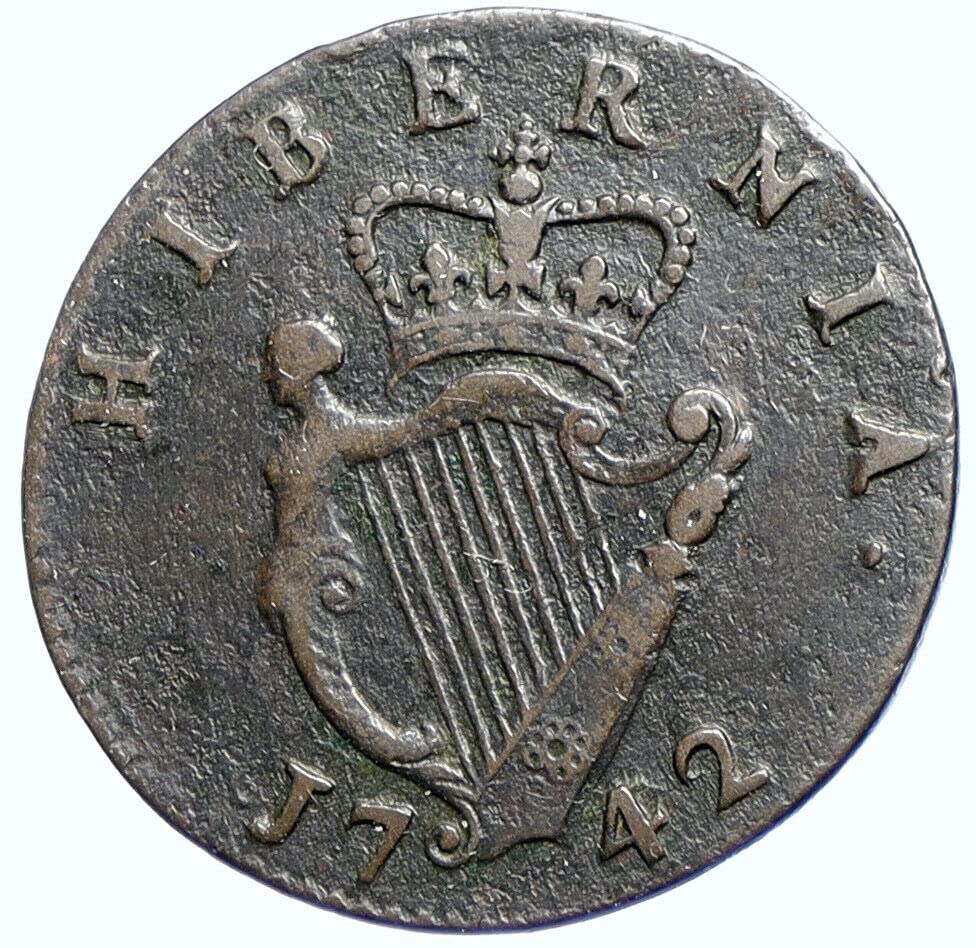 1742 IE 1742 IRELAND UK King George II Antique Lyre VINTA 1/2p Good Uncertified