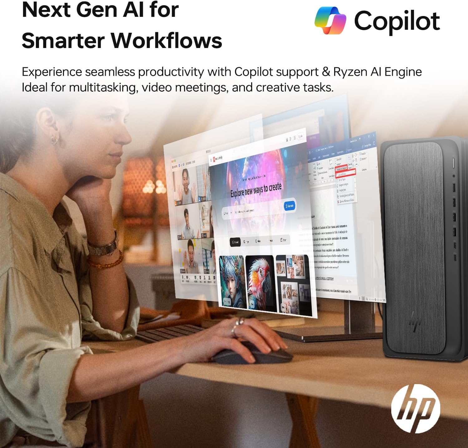 Person using HP OmniDesk M02 with Copilot AI features