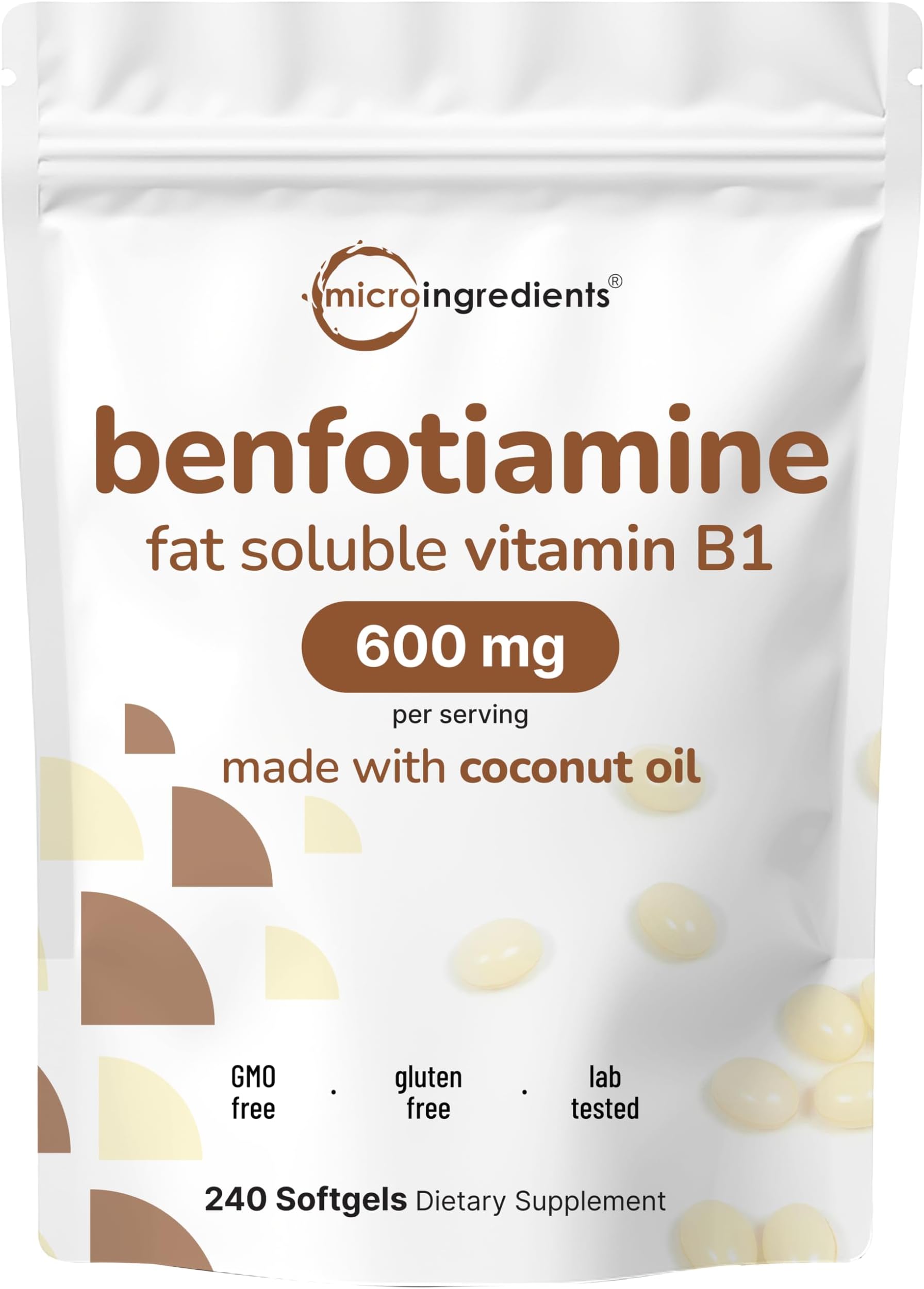 Vitamin B1 Benfotiamine 600mg Per Serving, 240 Coconut Oil Softgels | Bioavailable B Vitamins Supplement, Converted to Active Thiamine | Non-GMO, Soy Free
