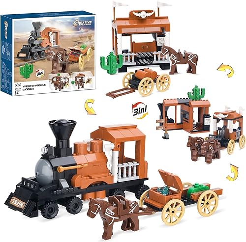 Kit de construcción de carruaje de tren 3 en 1, caballos de animales y establos, posada y carruaje con decoración de cuerno, regalos creativos con