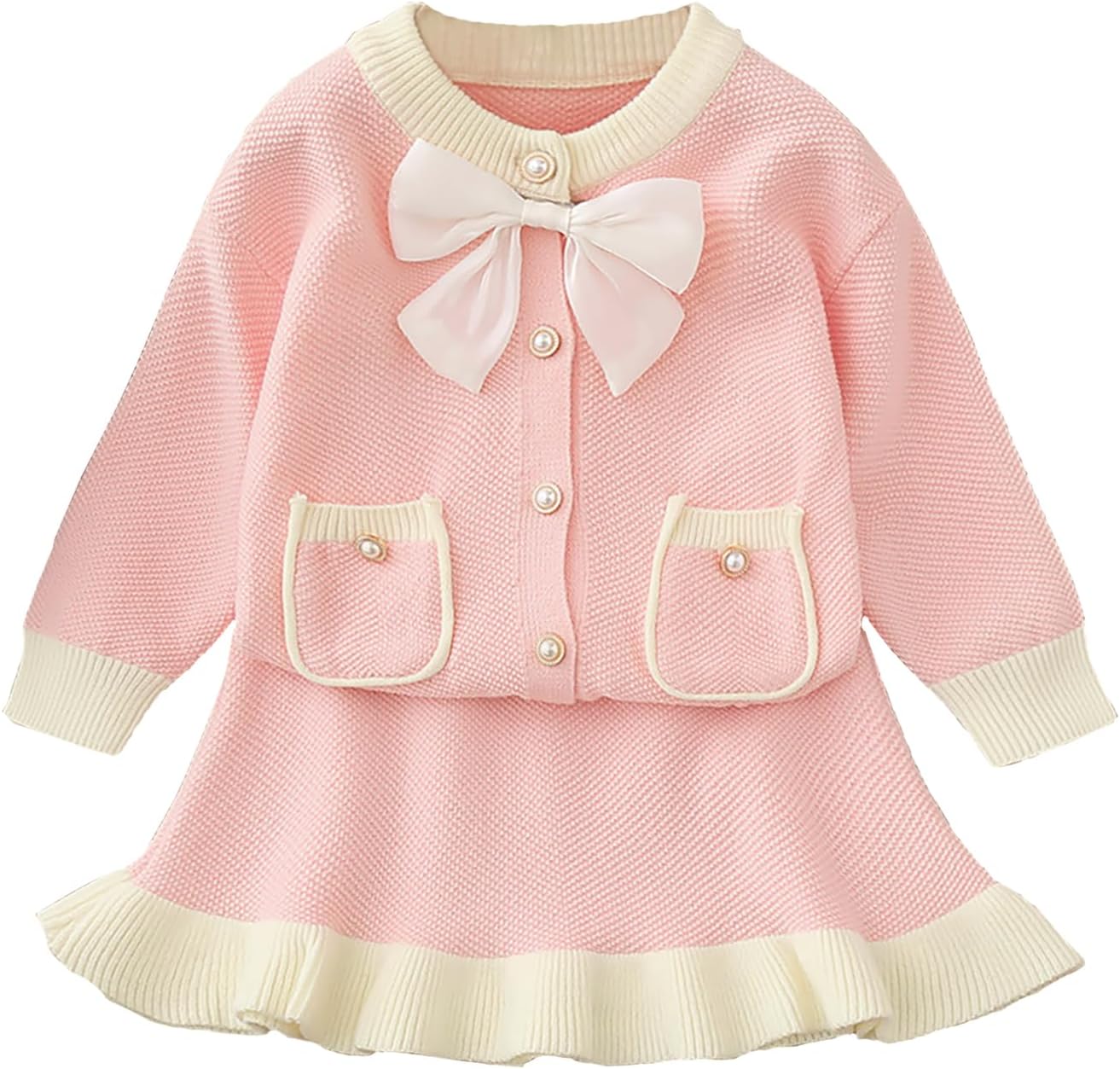 Toddler Girls Sweater Skirt Set Bow-knot Cardigan Sweater Winter Coat Set Size 2-7 Years