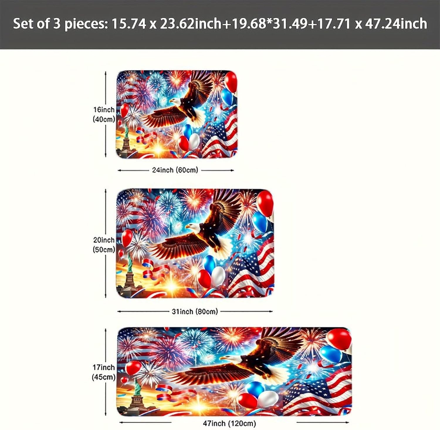 Large Vintage Rustic Eagle Patriotic Kitchen Rug Mat Sets 3PC Cushioned Non Slip Farmhouse Anti Fatigue Mats Washable Comfort Standing Mat Rug for Office Home Laundry 16"x24"+ 20"x31"+17"x47"