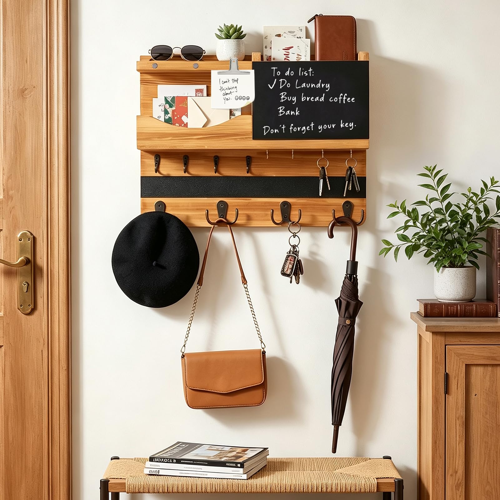 Porte Clef Mural,Porte Clés Mural en Bois Avec 16 Crochets | Porte Cle Mural Avec Compartiment De Rangement Et Tableau D'affichage,Accroche Clef Mural pour Entrée,Salon,Couloir, Bureau
