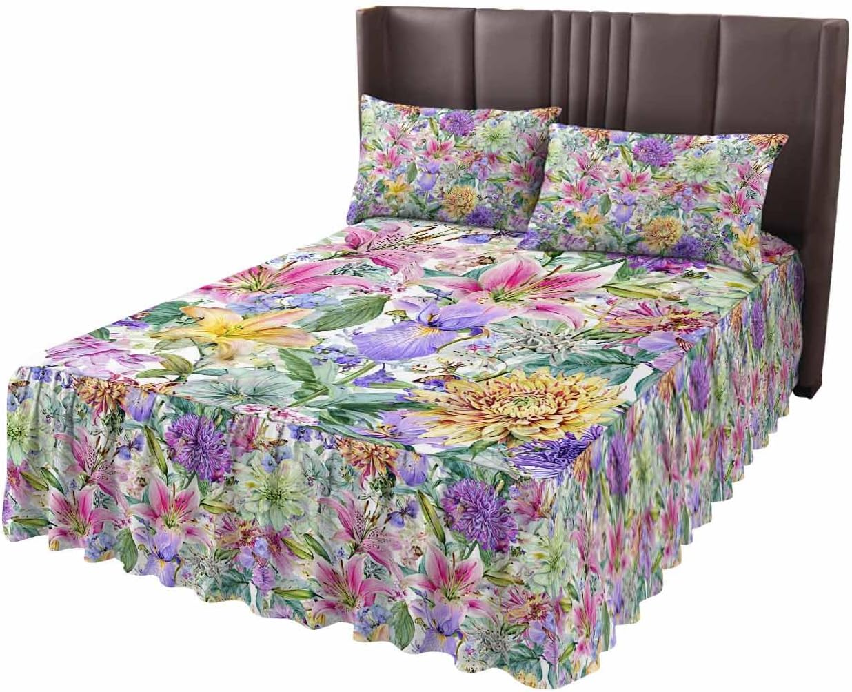 Ruffle Bed Skirt Queen, Pastoral Lily Blossom Floral 2 Piece Bedding Cover with Pillow Sham,18In Drop Bedskirt Coverlet Spring Flower Watercolor Elastic Wrap Around Bed Skirt Pillowcases Set