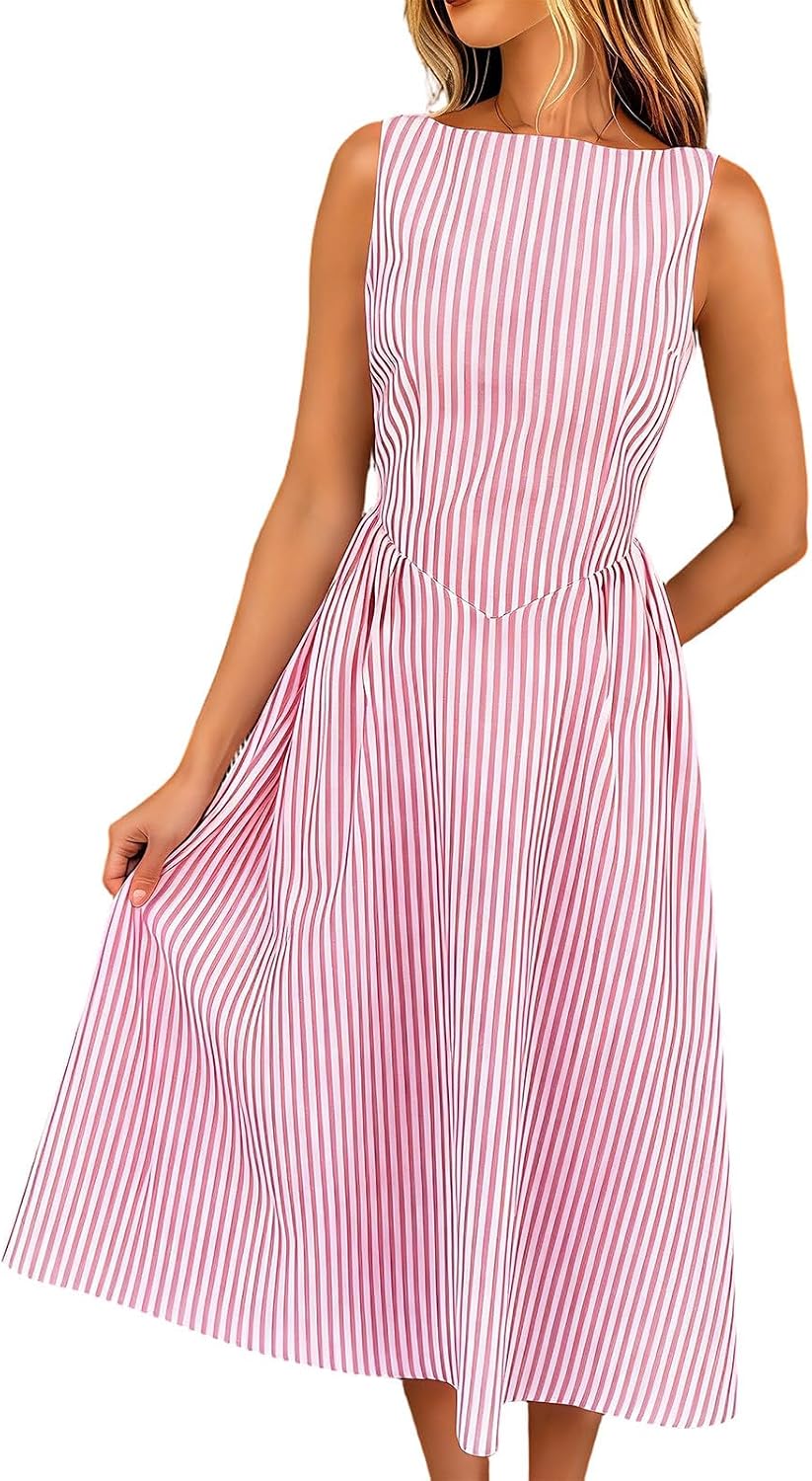 Womens Summer Casual Midi Dresses Striped Sleeveless Crewneck Cotton A Line Sundress Beach Vacation Tank Dress