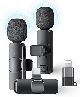 - 2 Pack Wireless Lavalier Microphone for iPhone iPad and Android Phone, Lapel Mic Plug and Play Wireless Mic Noise Reduction Mini Microphone for Video Recording Interview Podcast Vlog YouTube Tiktok
