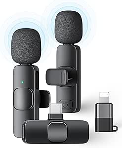 2 Pack Wireless Lavalier Microphone for iPhone iPad and Android Phone, Lapel Mic Plug and Play Wireless Mic Noise Reduction Mini Microphone for Video Recording Interview Podcast Vlog YouTube Tiktok
