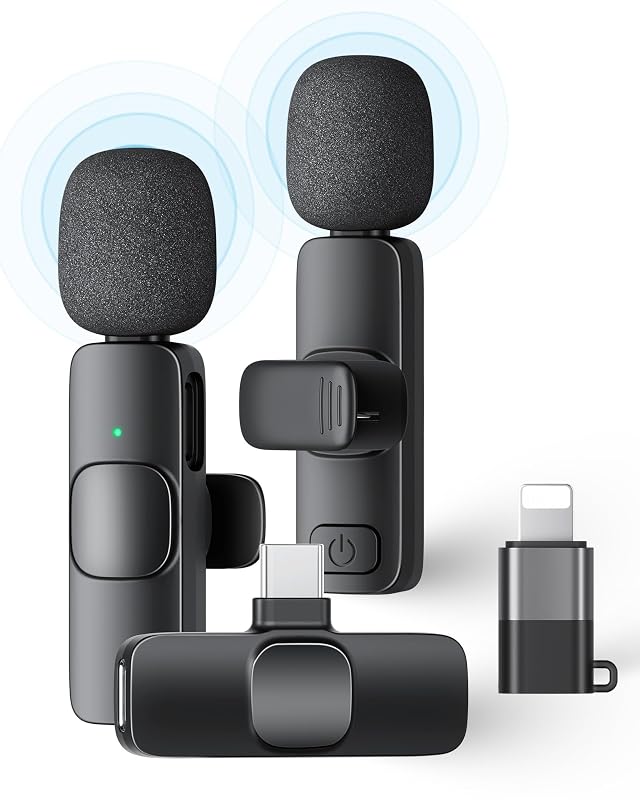 2 Pack Wireless Lavalier Microphone for iPhone iPad and Android Phone Lapel Mic Plug and Play Wireless Mic