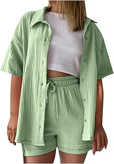 2025 - Conjunto de mujer de camisa de manga corta de color sólido y pantalones cortos casuales, conjunto de 2 piezas, cómodo traje de verano pijama botones mujer
