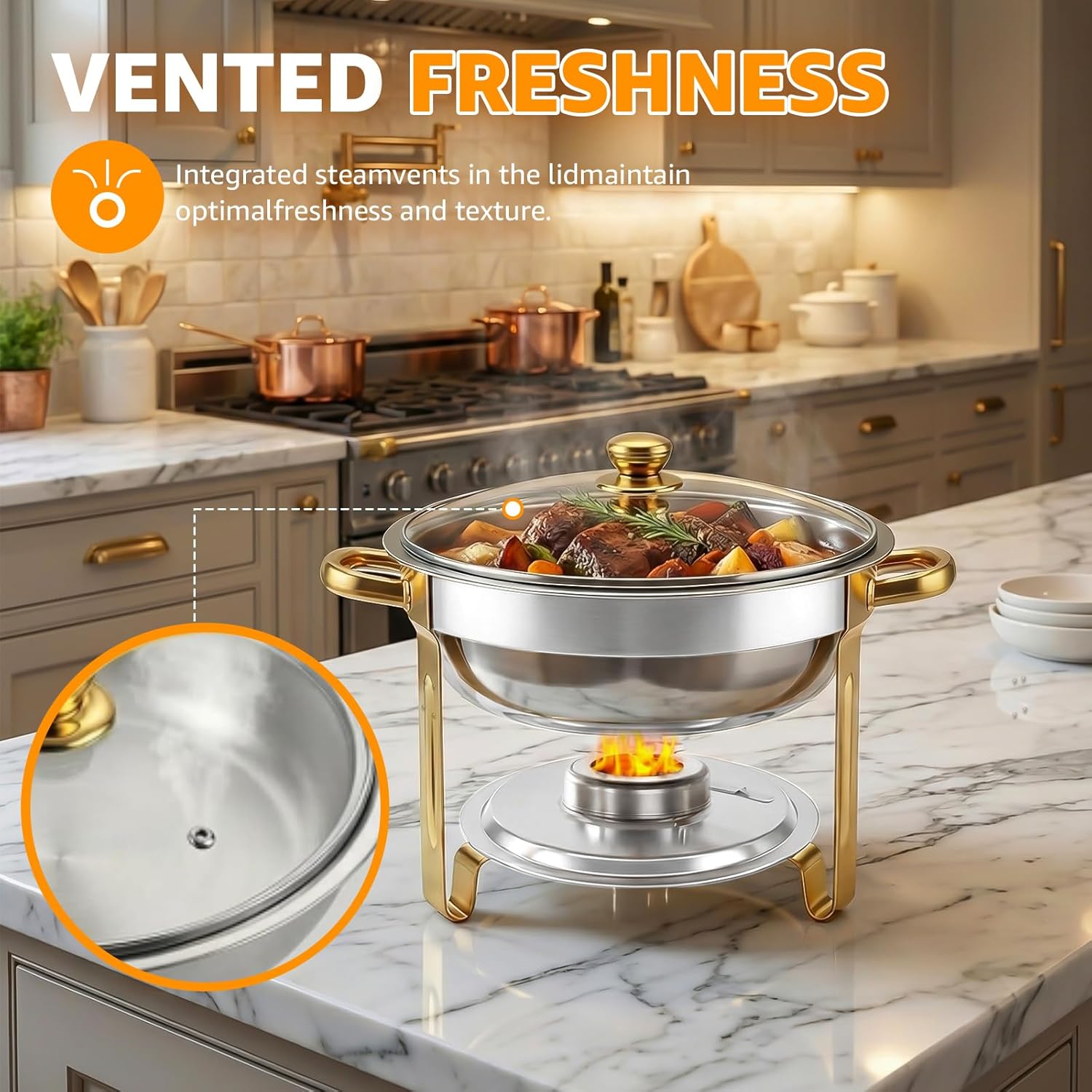 Chafing Dishes for Buffet，2PACK 4.5QT Round Chafing Dishes for Buffet, Gold and Silver Stainless Steel Chafing Dish Buffet Set with Glass Lid and Lid Holder for Home Parties, Gatherings,Wedding