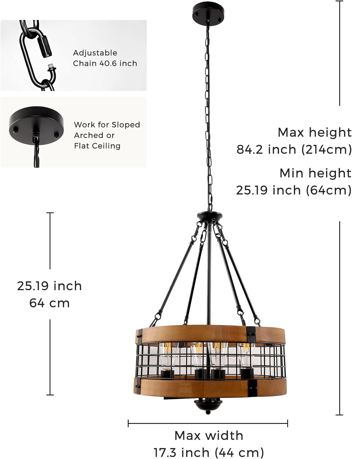 L LOHAS LED Rustic Farmhouse Chandelier for Dining Room, 4-Light Height Adjustable Round Chandeliers, Brown Wood and Black Iron Drum Chandelier for Bedroom, Living Room, Foyer, Kitchen, Entryway