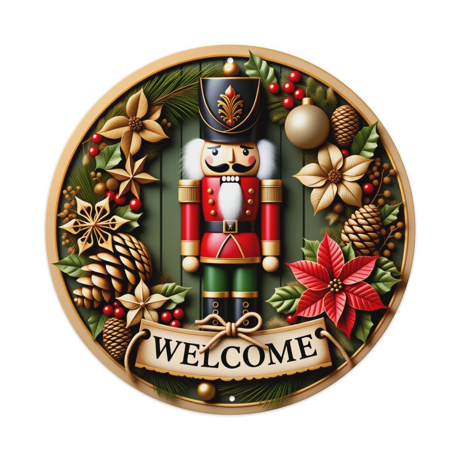 Nutcracker Christmas Wreath Welcome Sign Round Vintage Tin Sign,Retro Wall Art,Metal Poster for Home, Bar, Garage, Cafe, Rustic Indoor & Outdoor Decor, 8x8 Inches