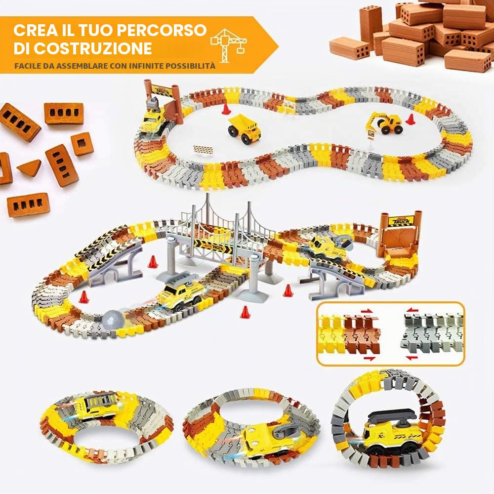 Mini Tudou Costruzione Flessibile Piste da corsa 2 veicoli da elettrici | Giocattoli da pista ingegneristici con dumper,gru,accessori di assortimento per bambini