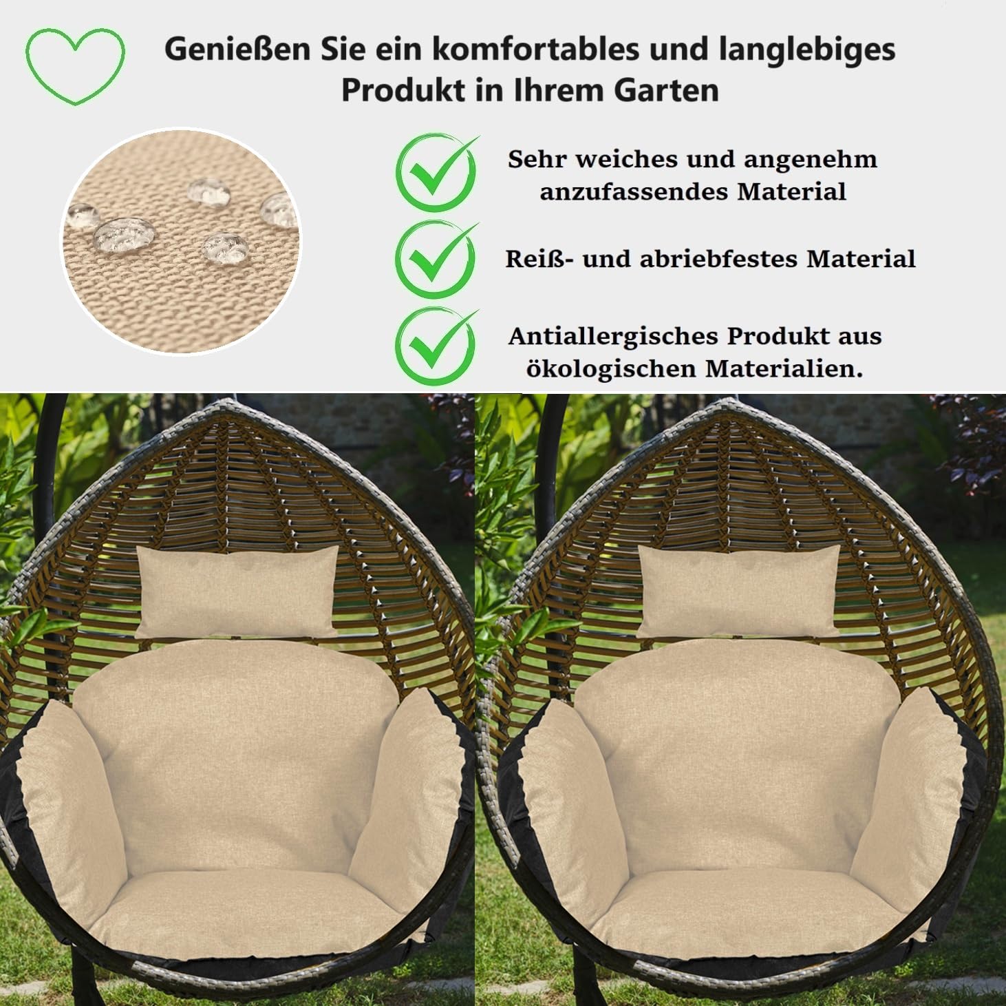 Hängesessel-Kissen Sitzkissen mit Rücken Kopfstütze Ei-Schaukelkissen Auflage für Hängeschaukel Polsterauflage Pflegeleicht Wasserfest