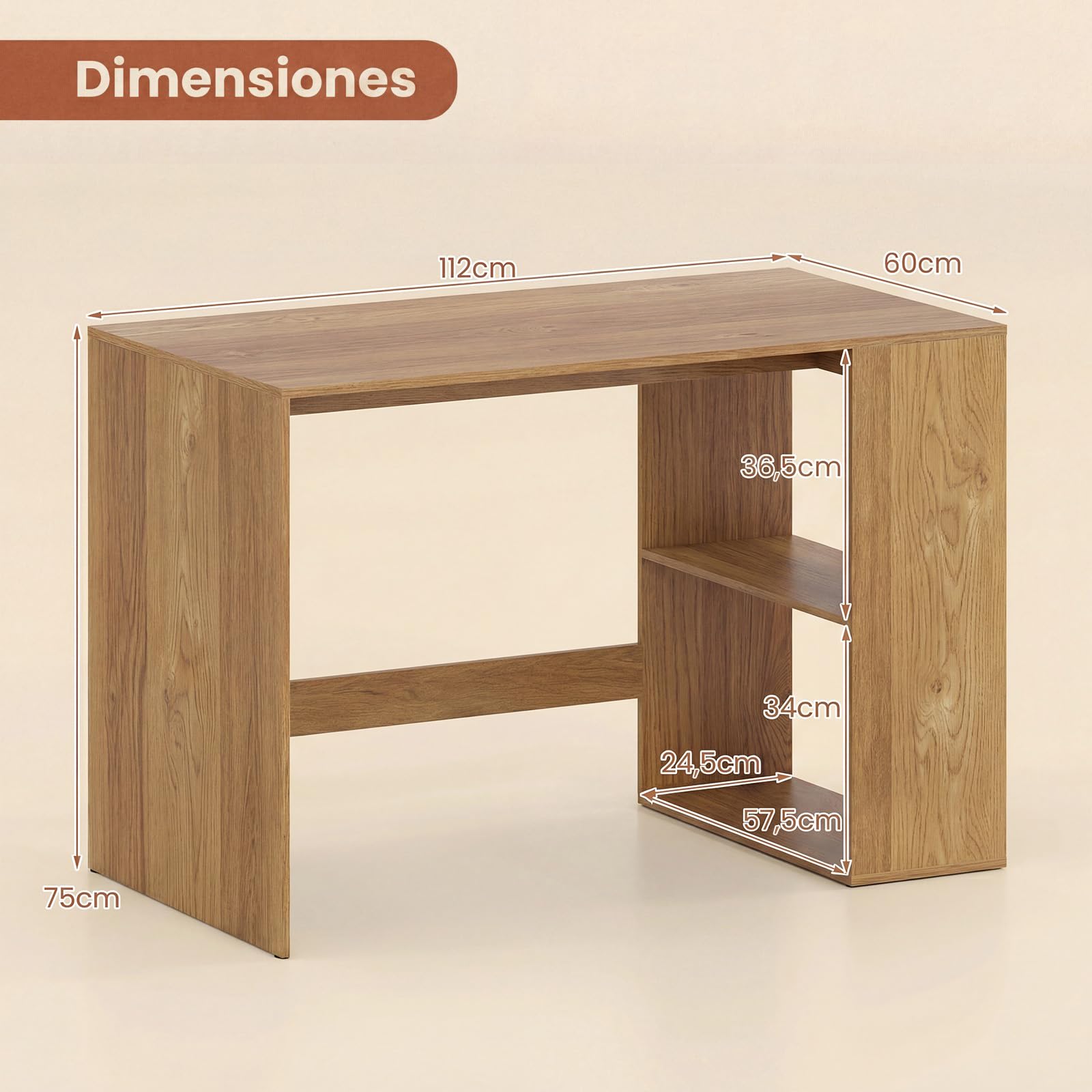 COSTWAY Escritorio con 2 Estantes Abiertos，112 x 60 cm, Mesa Escritorio Pequeño de Madera, Escritorio Ordenador Oficina despacho Dormitorio (Natural)