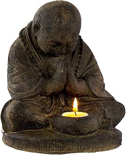 Volcanic Stone Statue T-Light Holder Praying Monk